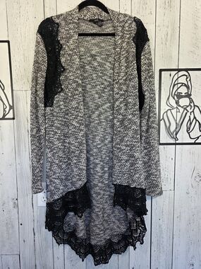 Rain Black & White Crochet Lace Longline Cardigan Size Large Boho Fall Layering